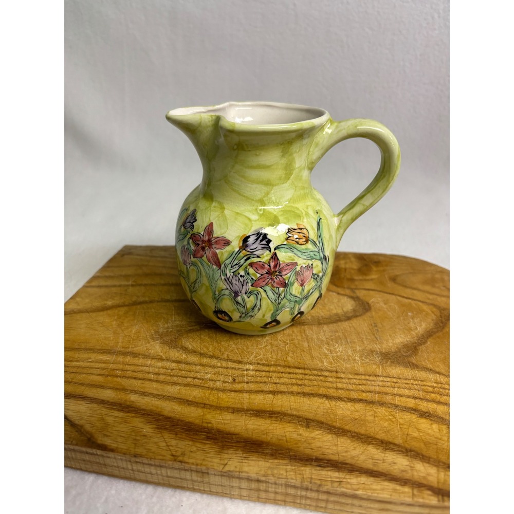 Cottagecore Farmhouse Shabbychic Green Floral Hand Painted Ceramic Mini Pitcher